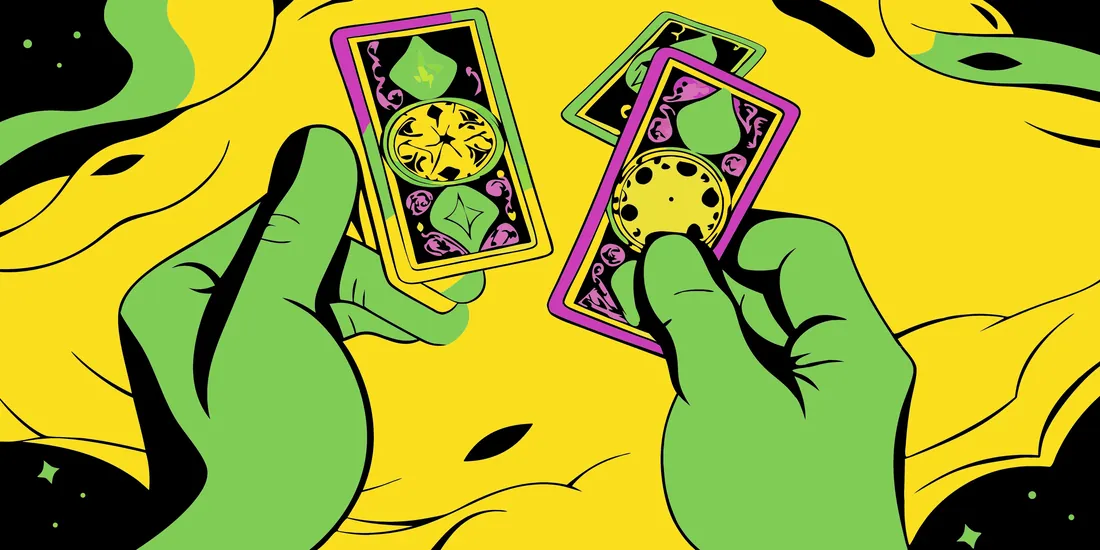 An illustration of two green hands holding ornate playing cards against a bright yellow background.