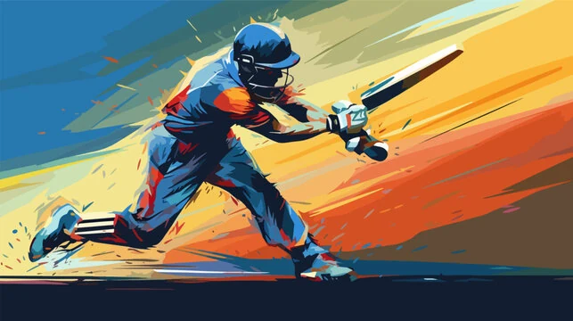 A painted illustration of a batsman driving through the line, in blues and oranges.